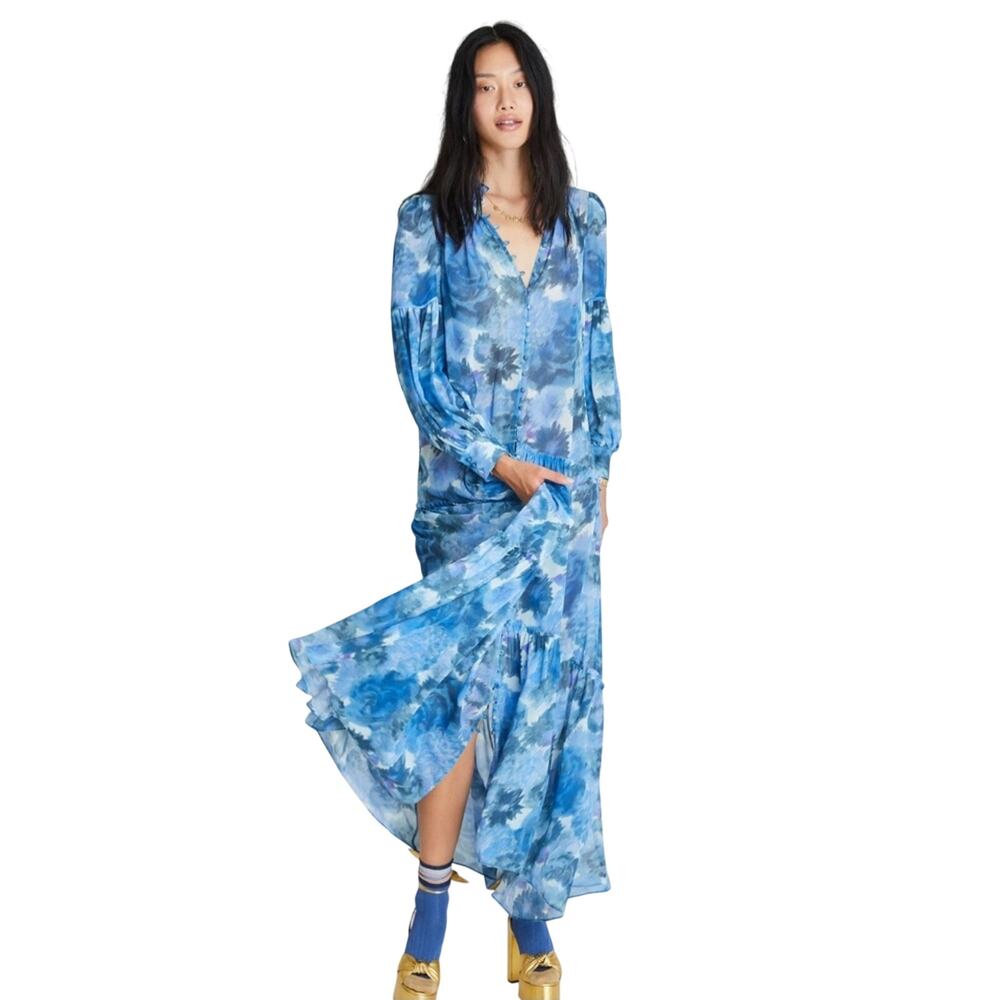LoveShackFancy Althea Dress in Blue Sapphire Berry Silk Maxi Dress Size Small